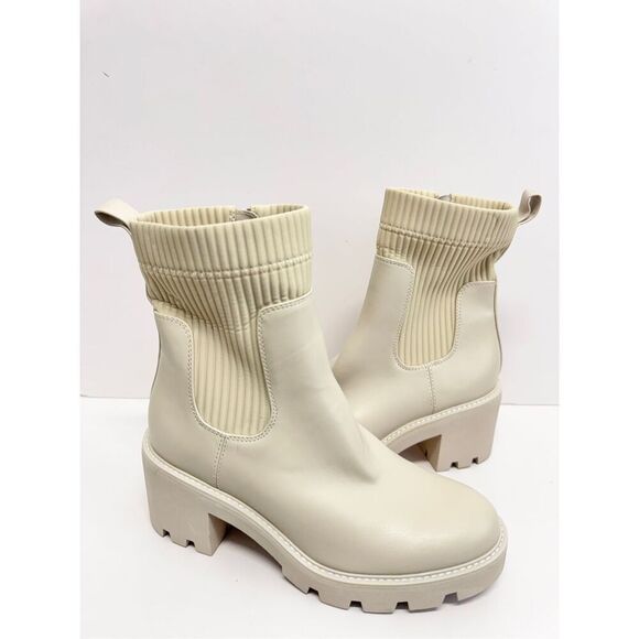 Bar III Boots Cream Chunky Heel Size 10 Womens Ribbed Ankle Booties Side Zip - Picture 3 of 9